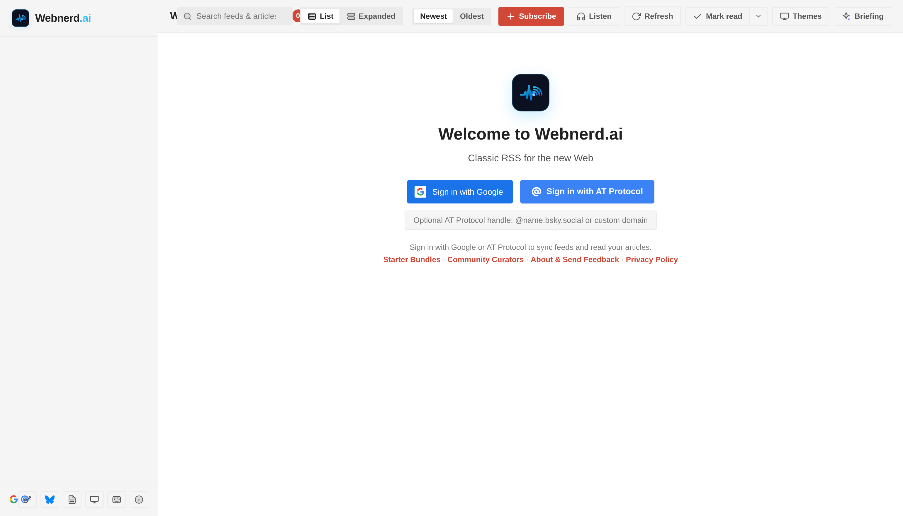 Refreshed Webnerd.ai welcome screen with 1-click Google Sign-In alongside native AT Protocol login