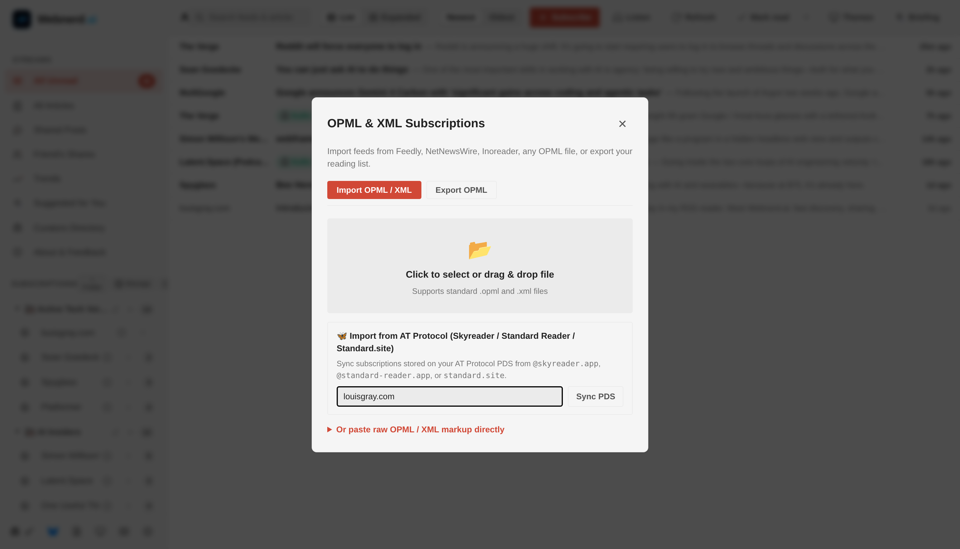 OPML & XML Subscriptions modal showing traditional OPML import/export alongside 1-click AT Protocol PDS sync