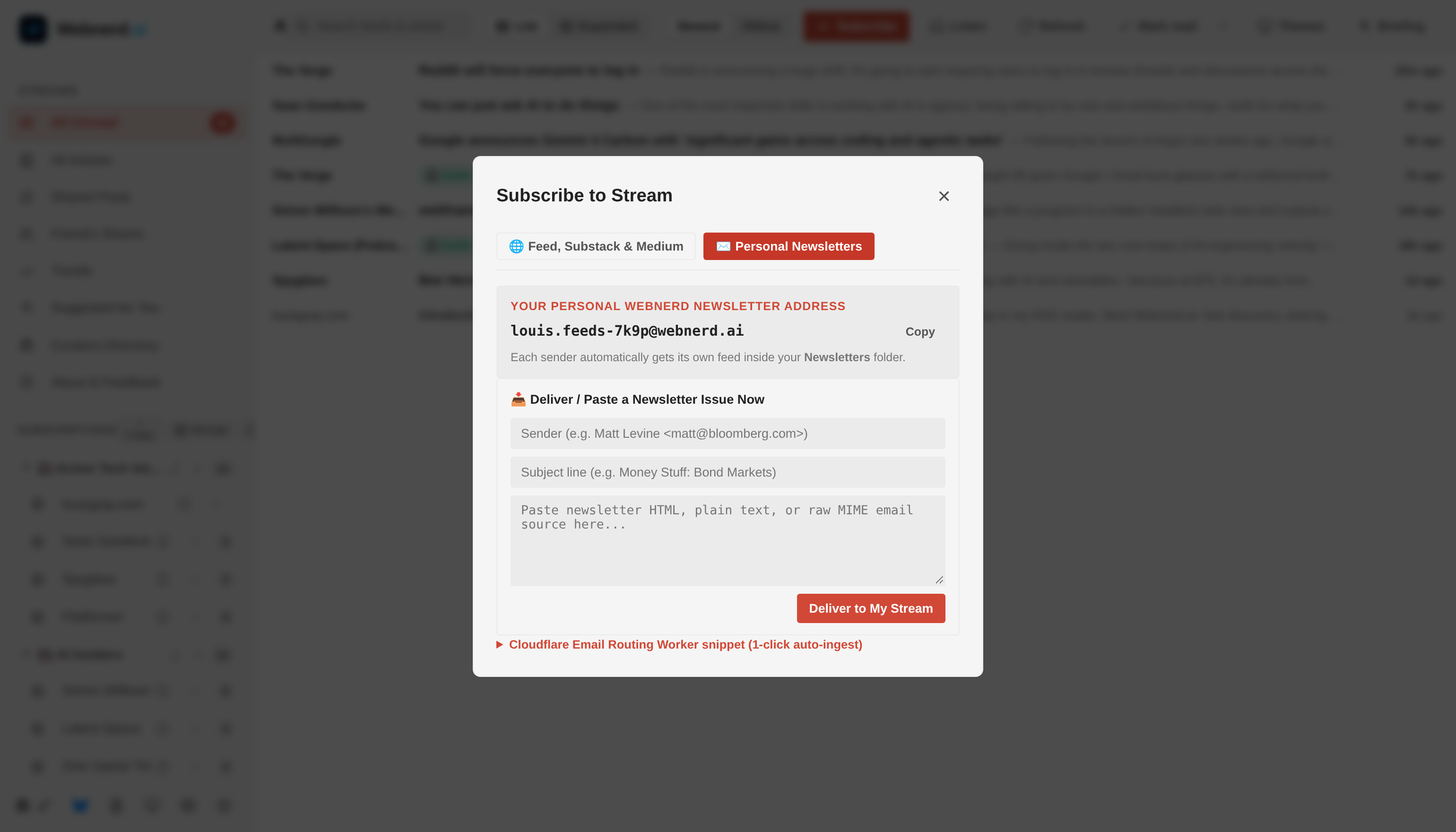 Subscribe to Stream modal open on the Personal Newsletters tab showing a dedicated @webnerd.ai inbox address