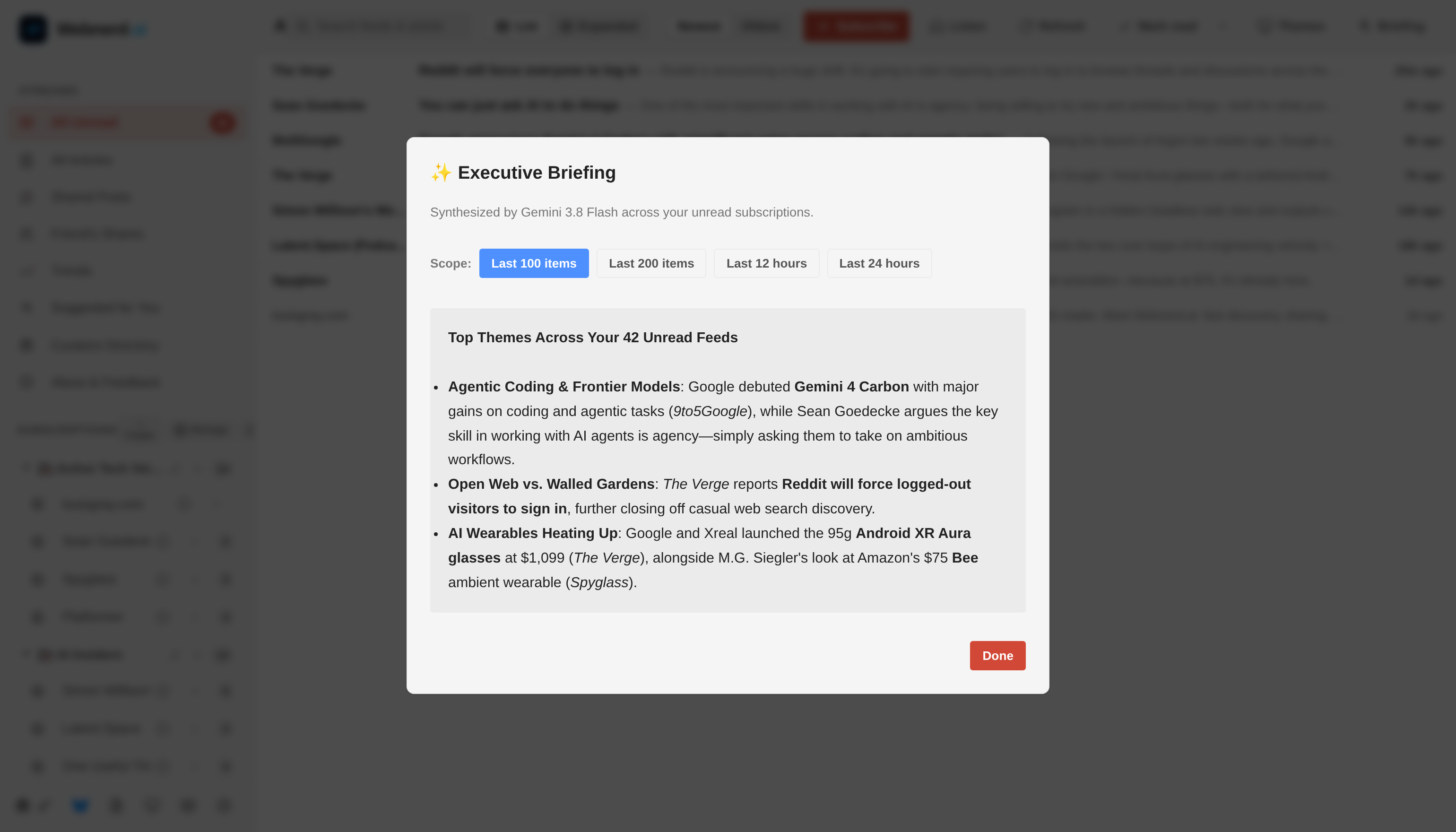 Executive Briefing modal synthesized by Gemini 3.8 Flash across unread feeds