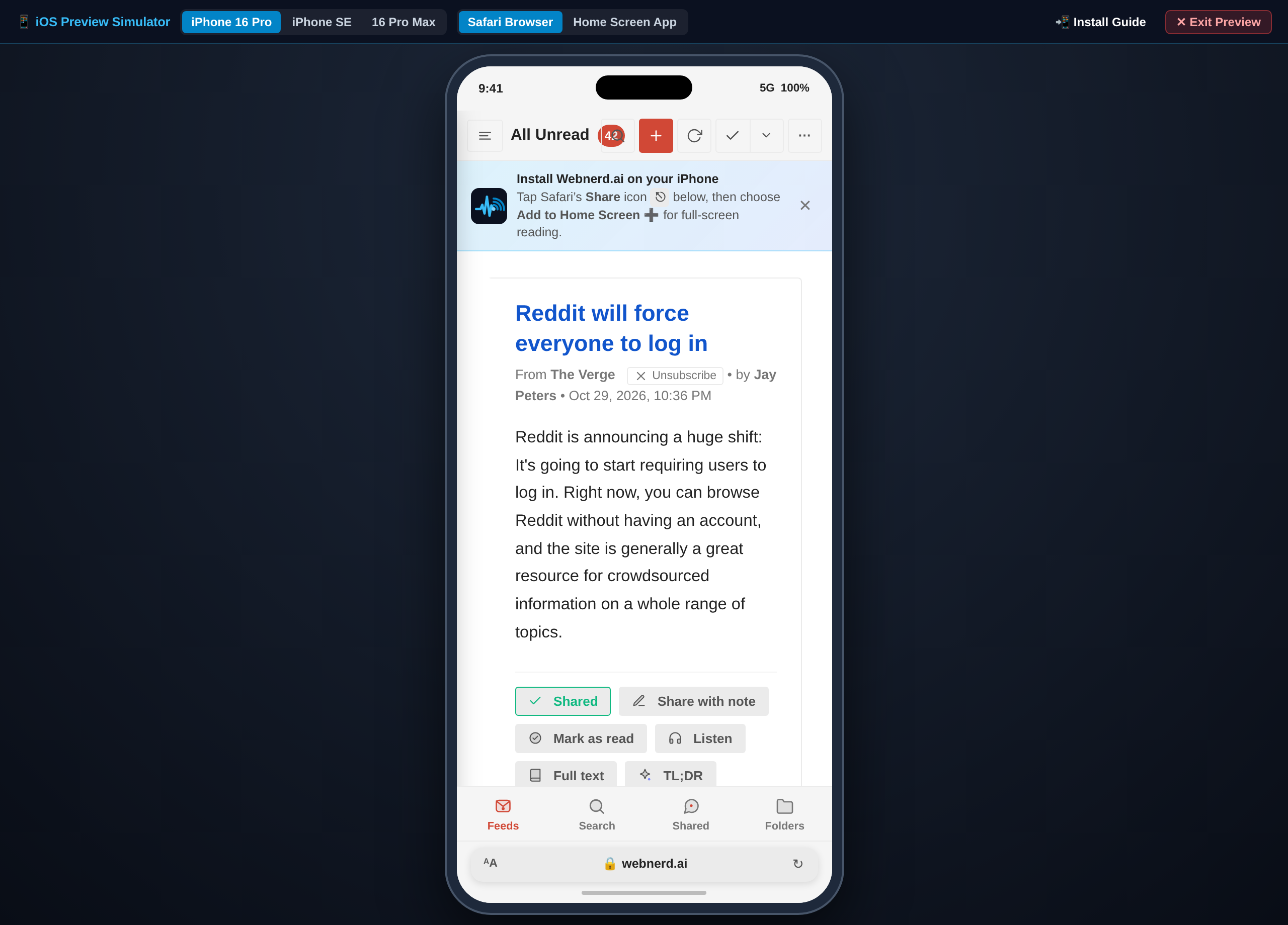Mobile Webnerd.ai iPhone view showing the Add to Home Screen prompt, expanded card actions, and 4-tab bottom navigation