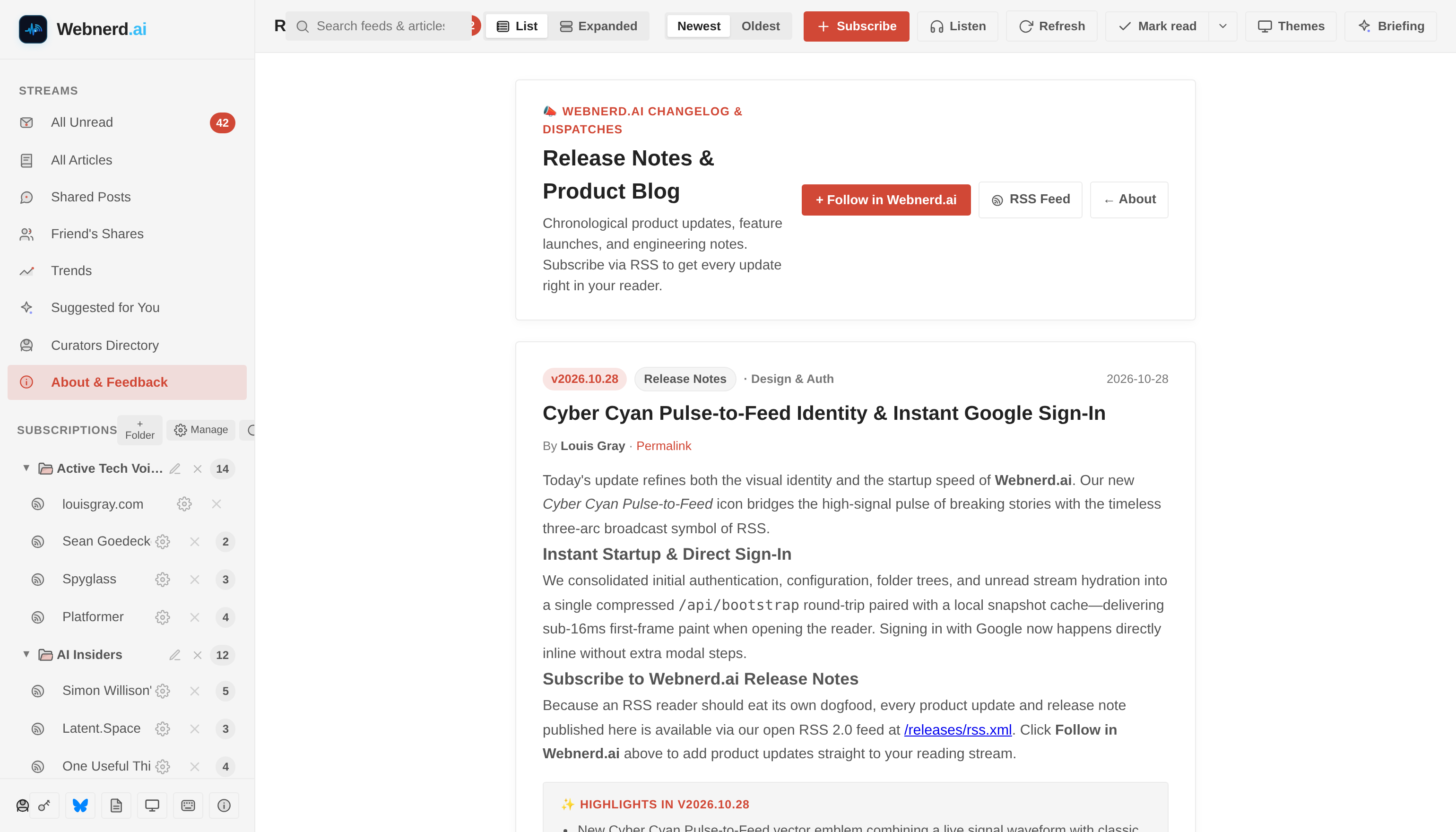 Webnerd.ai Release Notes & Product Blog at /releases with native RSS feed subscription